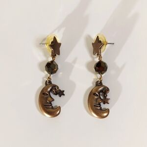 Celestial Moon & Star Patinaed Dangle Metal Earrings
